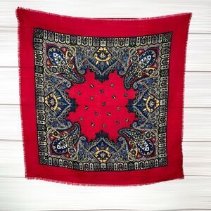Jennifer Moore Vintage Wool Square Scarf Red Blue Paisley made in Japan